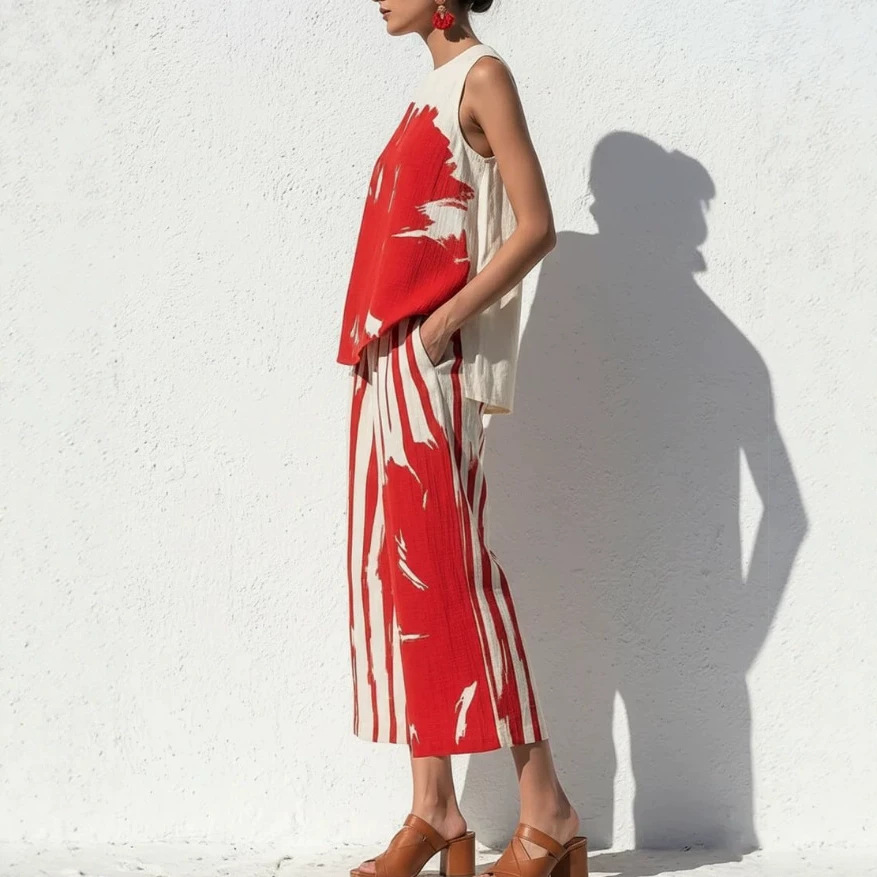 Casual Art Print Two-Piece Top and Capri Pants Set