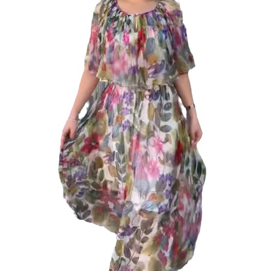 Women's Vintage Floral Print Short Sleeve Long Dress Slim Waist