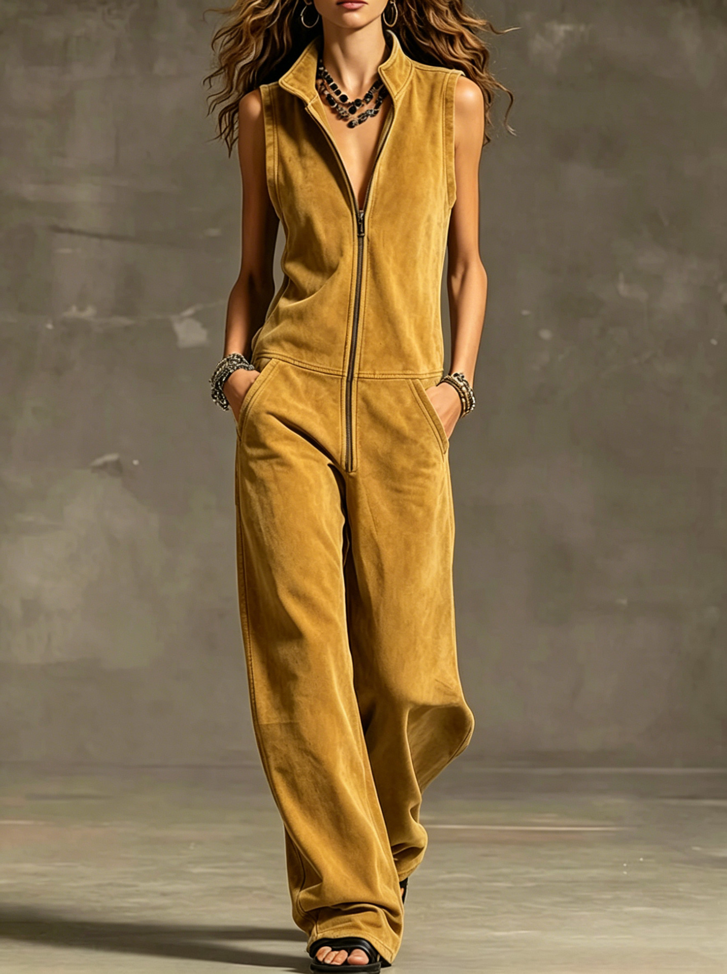 Suede Sleeveless Jumpsuit with Stand Collar, Zip Front & Wide Legs