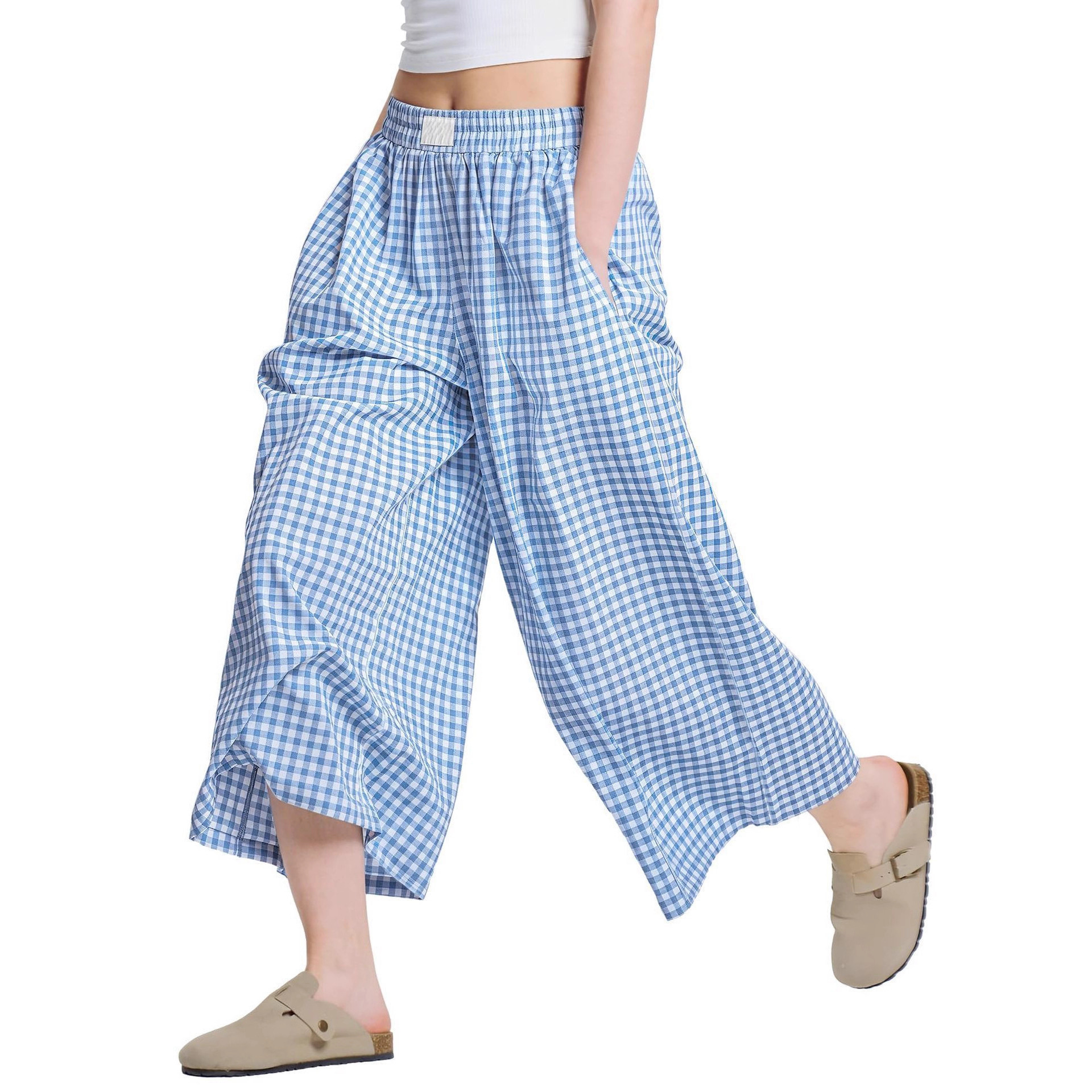 Women's Plaid Linen-Blend Wide-Leg Pants Loose Casual
