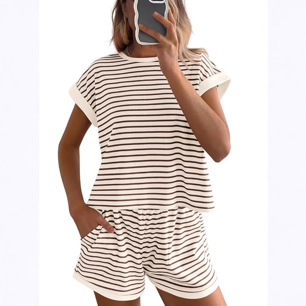 Women's Striped Crewneck Top and Shorts Casual Two-Piece Set