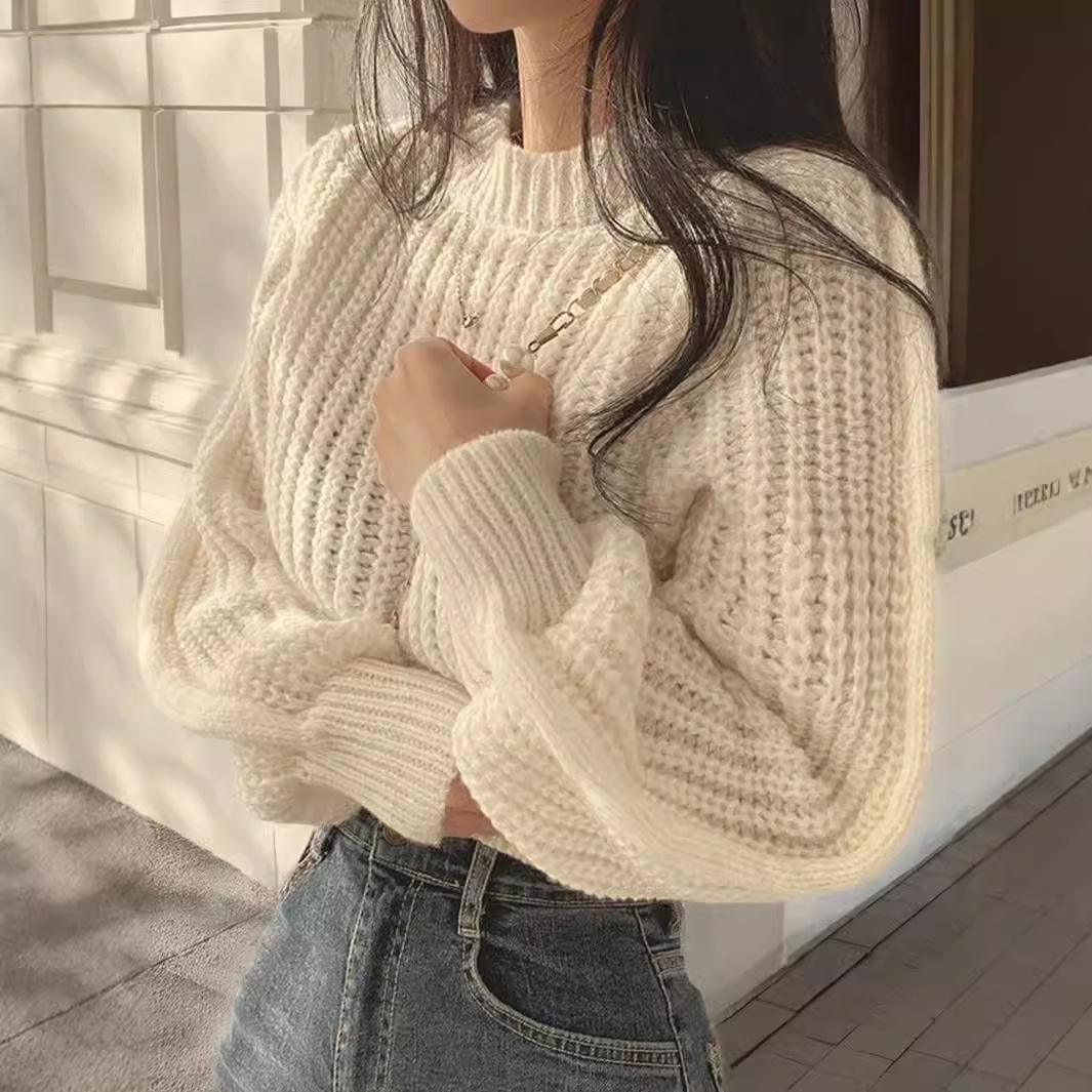 Women's Puff Sleeve Soft Knit Sweater Solid Color Crew Neck Long Sleeve Loose Pullover