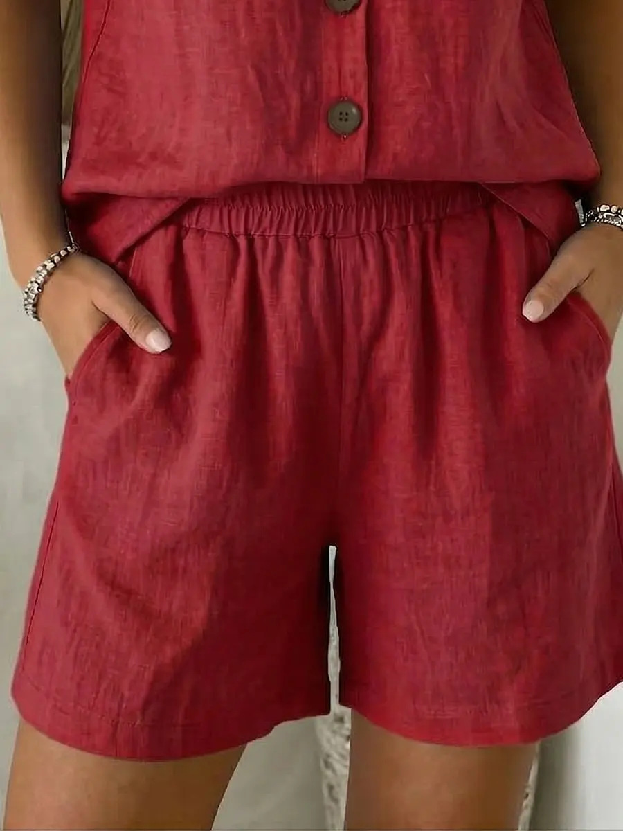 Women's Solid Color Cotton-Linen Casual Shorts with Pockets