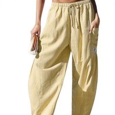 Women's Wide-Leg Plaid Harem Pants High Waist Linen-Blend Casual Trousers
