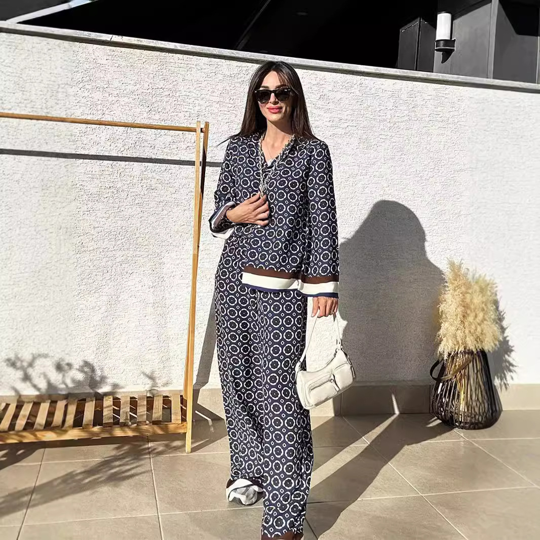 Women's Printed Long Sleeve Shirt and High Waist Pants Two-Piece Set
