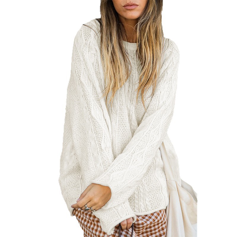 Women's Cable-Knit Sweater Crewneck Loose Fit Long Sleeve Pullover