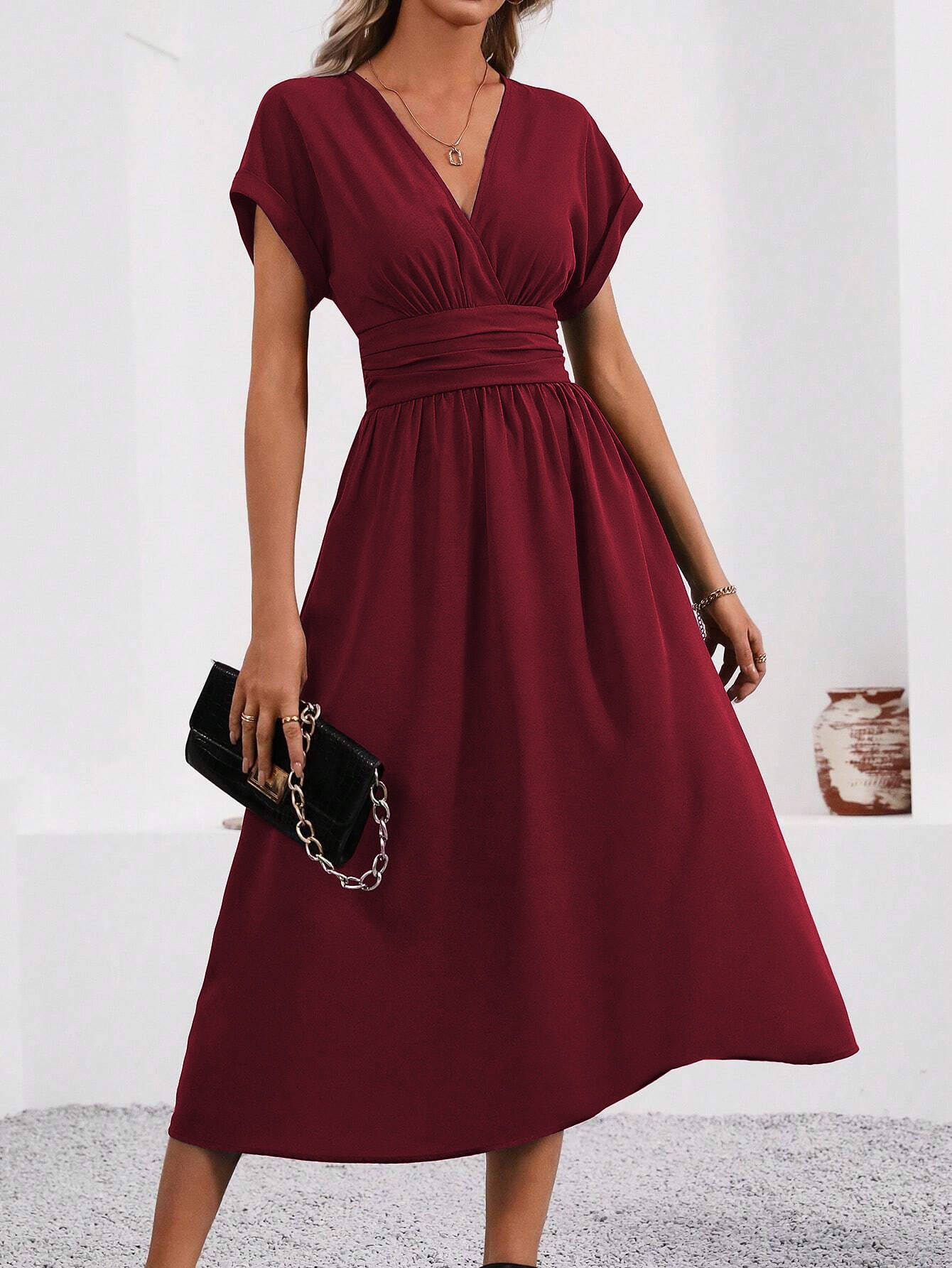 Women's Solid Overlap V-Neck Batwing Sleeve Ruched Waist Long Dress