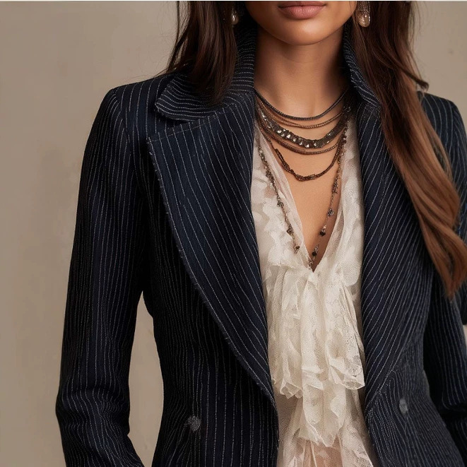 Retro Striped Double-Breasted Blazer