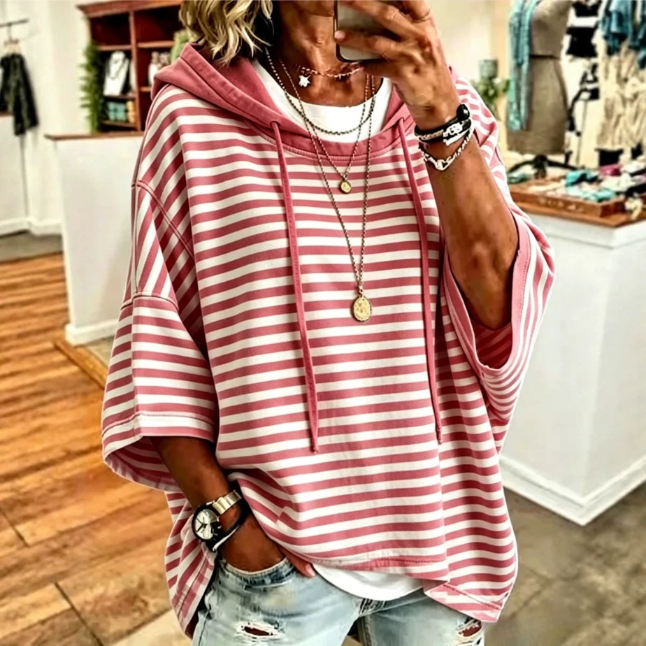 Women's Striped Hooded Pullover Sweatshirt with 3/4 Sleeves