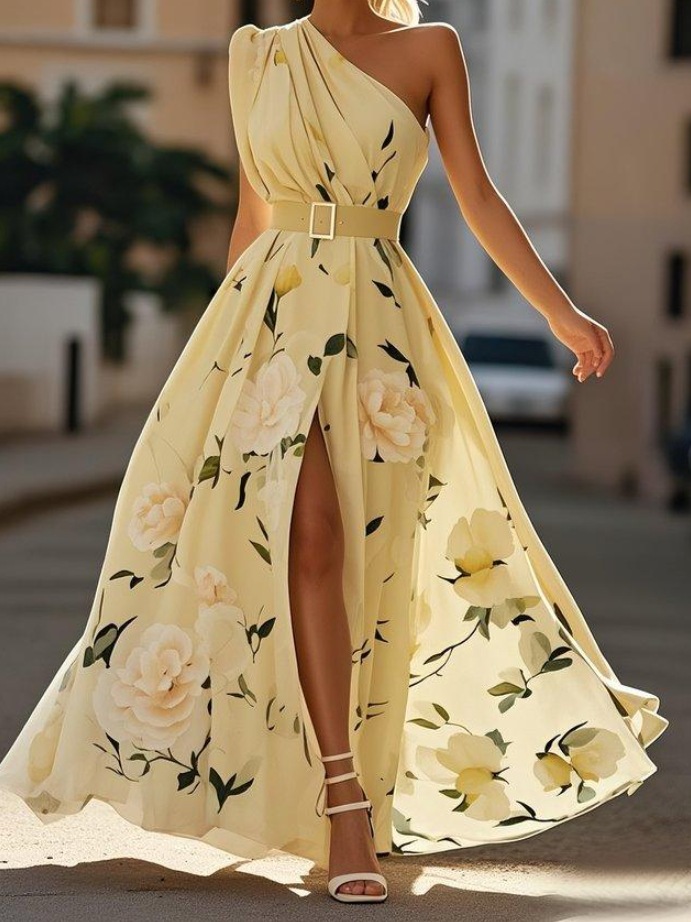One-Shoulder Floral Print Sleeveless Maxi Dress with Belt