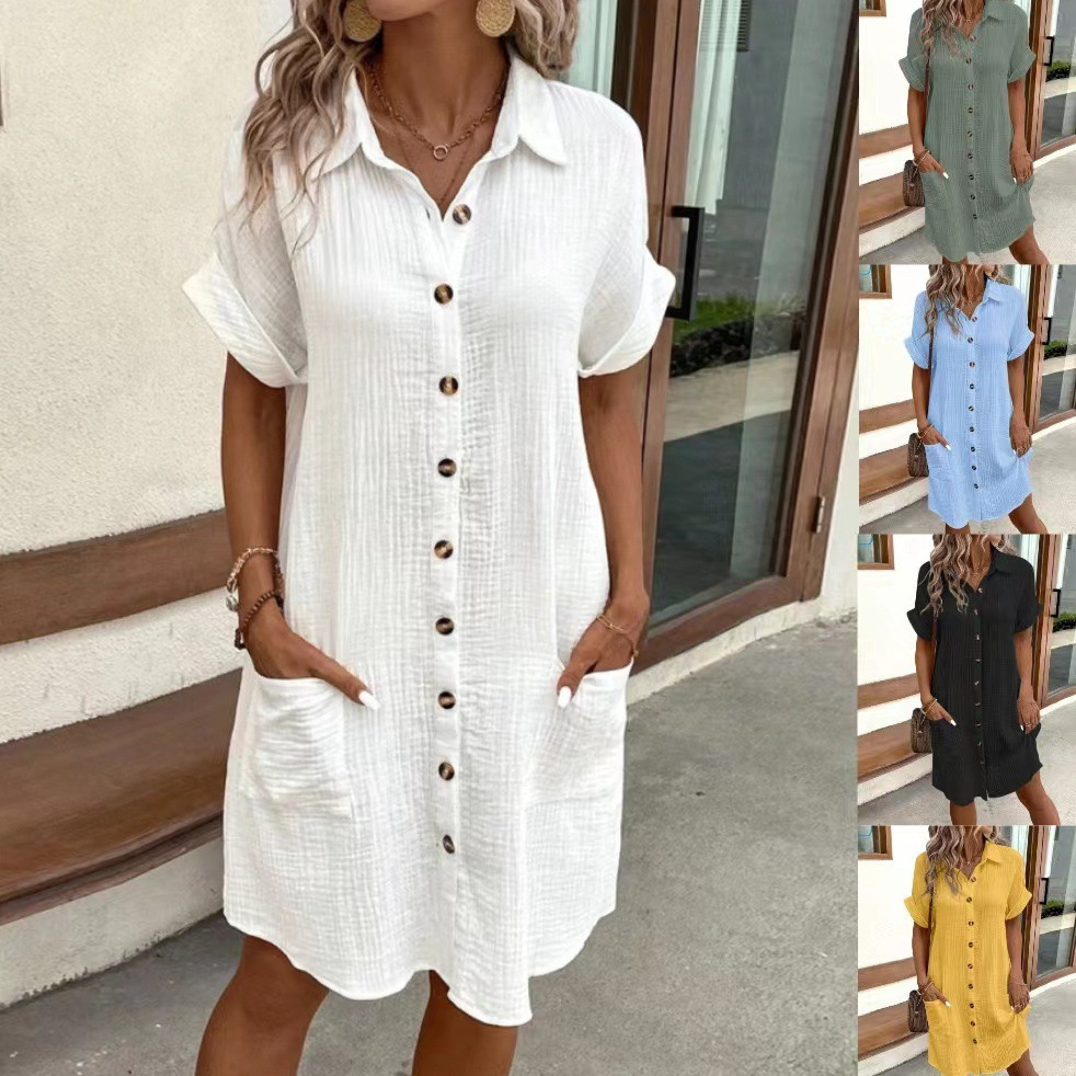 V-Neck Button Cotton-Linen Shirt Dress Women's Casual Vacation Dress