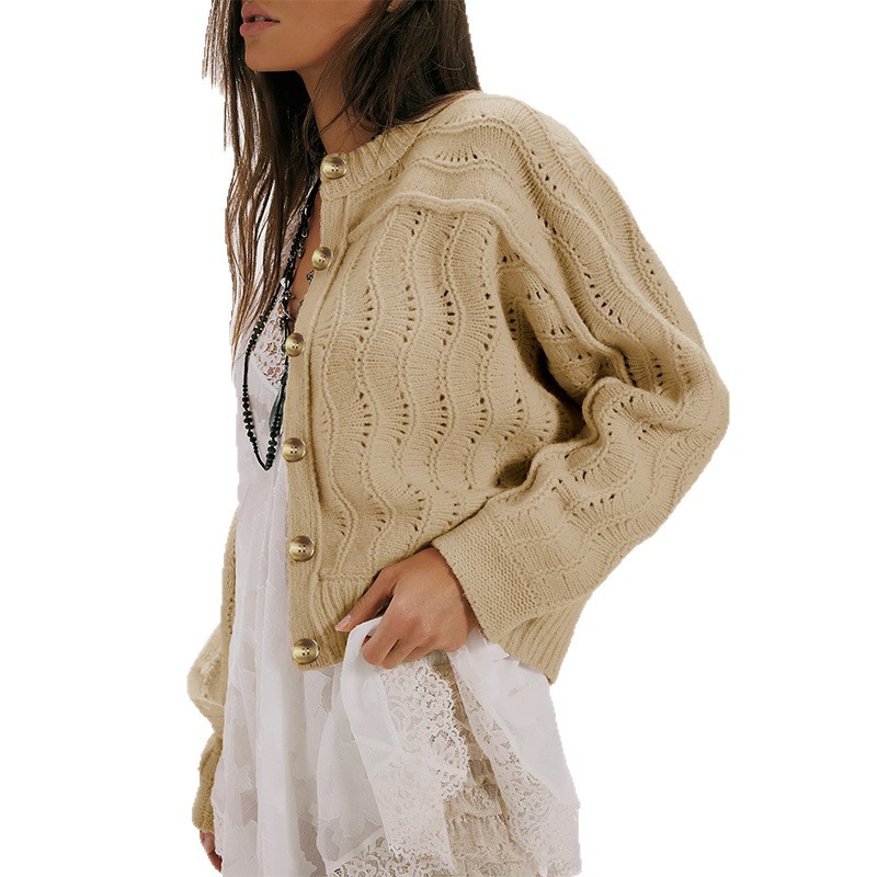 Women's Casual Knit Cardigan Sweater, Loose Fit Crew Neck Long Sleeve