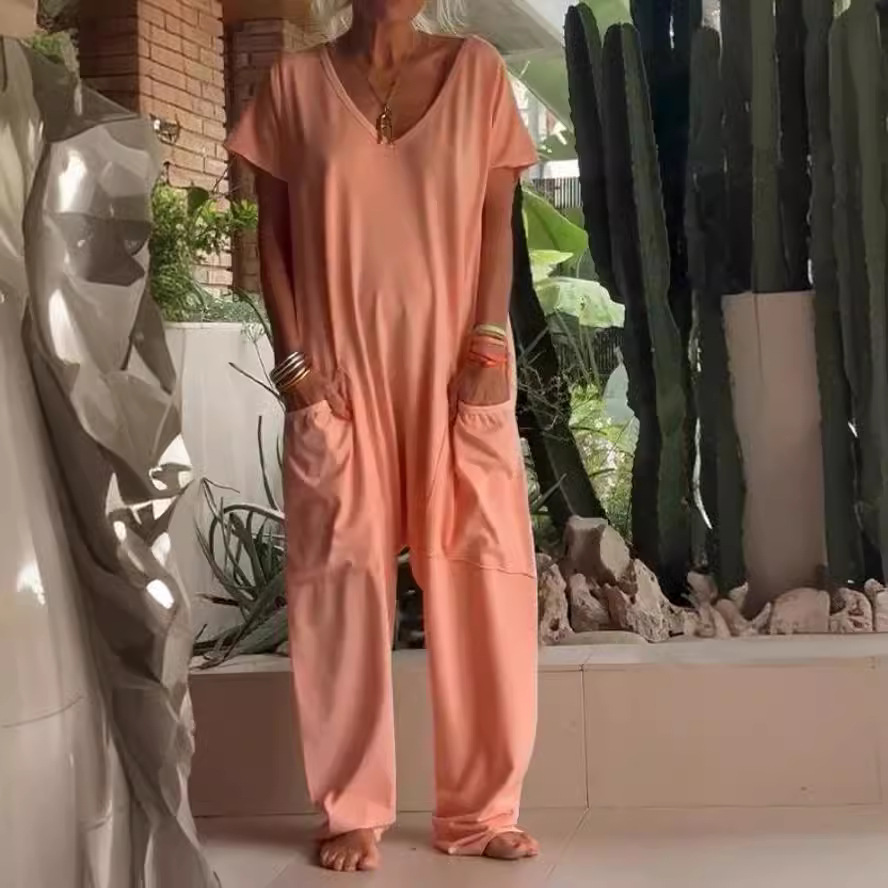 Solid V-Neck Jumpsuit with Oversized Pockets and Low Crotch