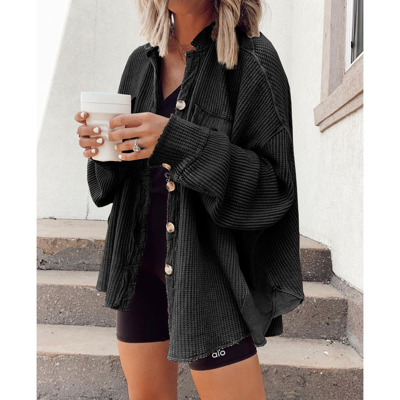 Waffle Knit Patchwork Button-Front Shirt Jacket with Pockets, Loose Fit, Multiple Colors