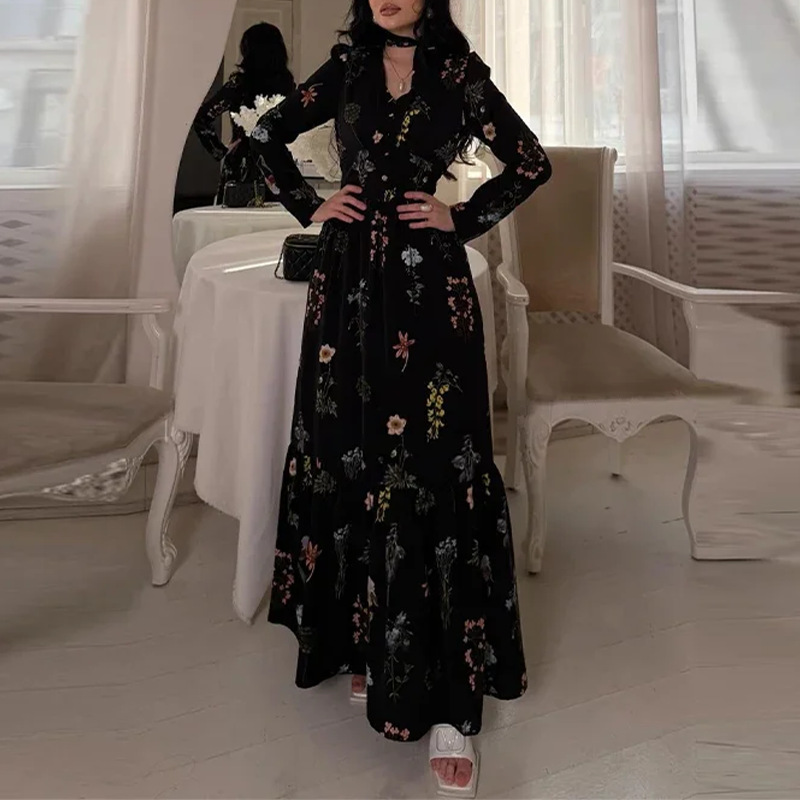 French Floral Spliced V-Neck Tie Midi Dress