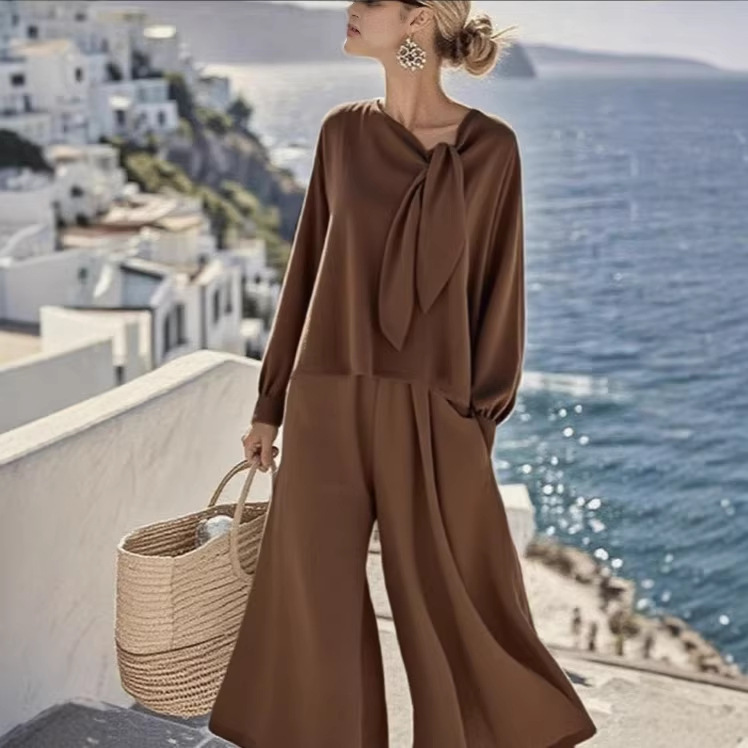 Women's Solid Color Long Sleeve Top and Pants Two-Piece Set