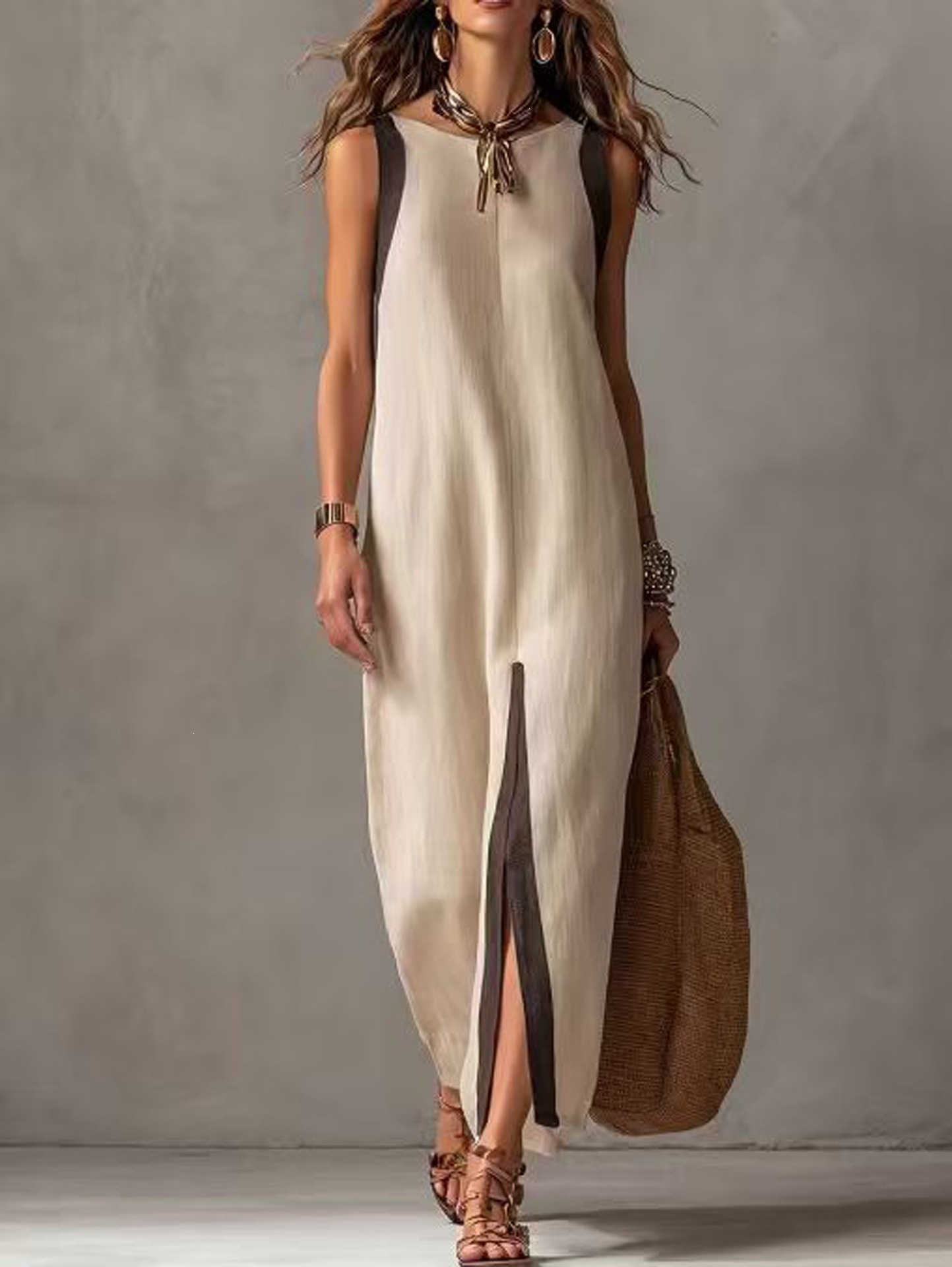 Women's Summer Casual Sleeveless Midi Dress Colorblock