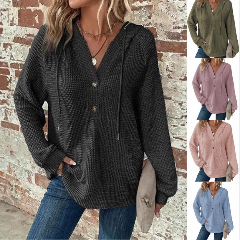 Women's Waffle Knit Drawstring Button V-Neck Hooded Sweatshirt