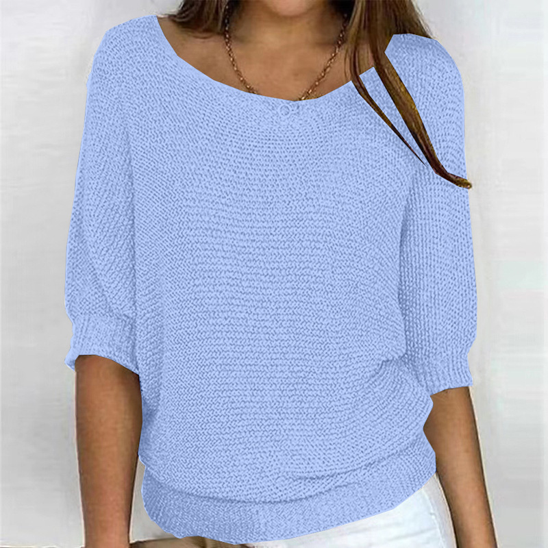 Women's Solid Crewneck Knit Top with Three-Quarter Sleeves