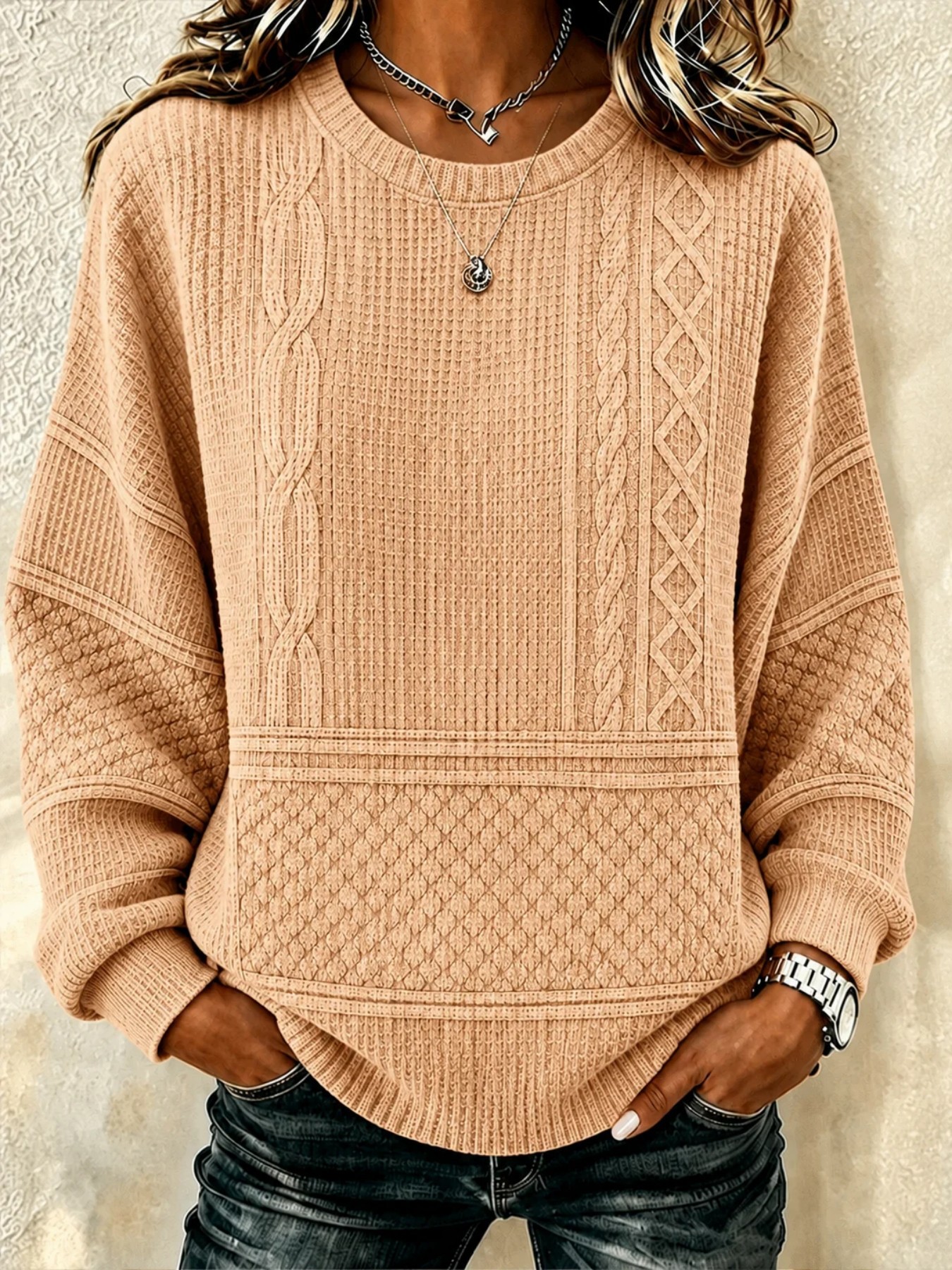 Women's Casual Solid Striped Print Crewneck Long-Sleeve Sweatshirt