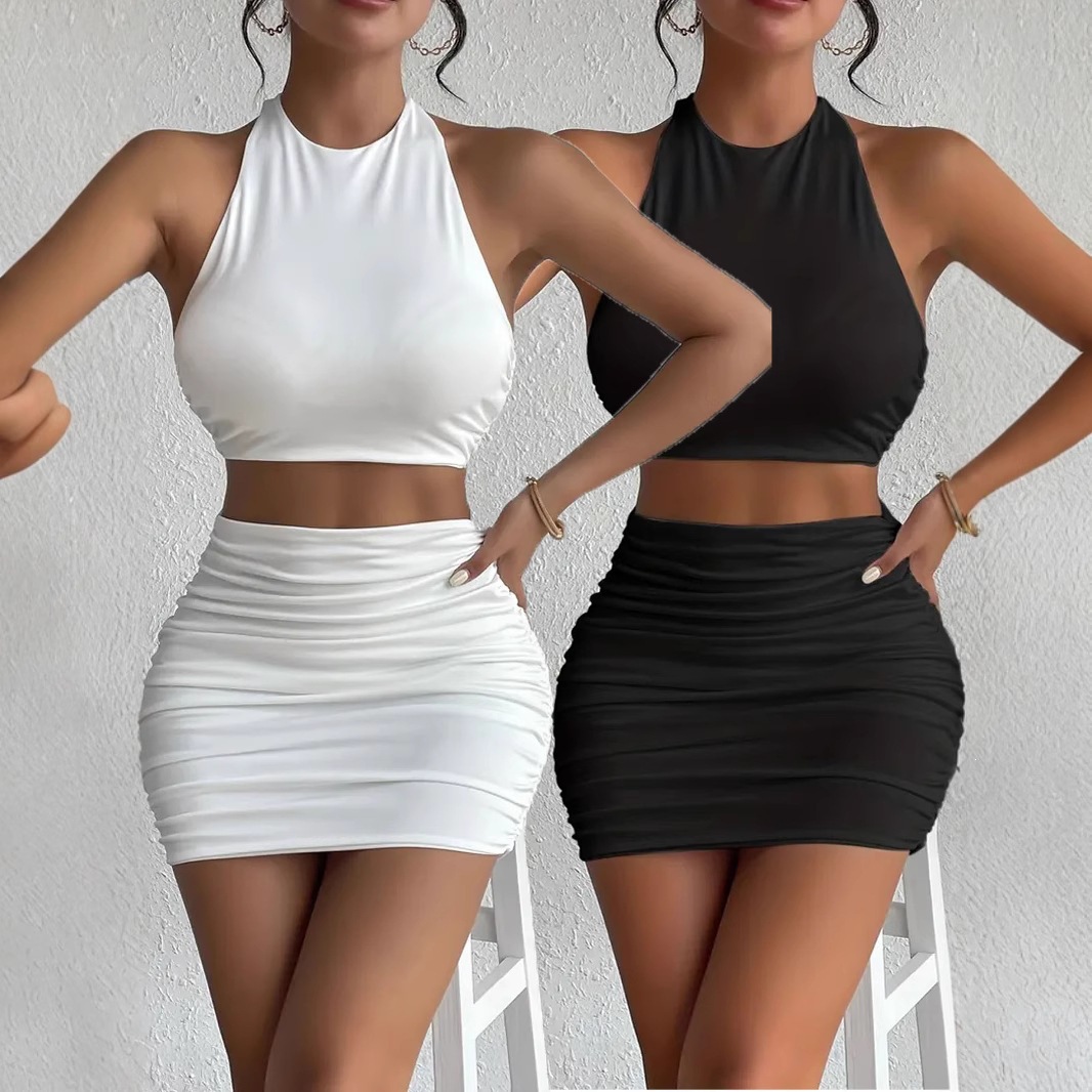 Women's Sleeveless Halter Bodycon Two-Piece Skirt Set