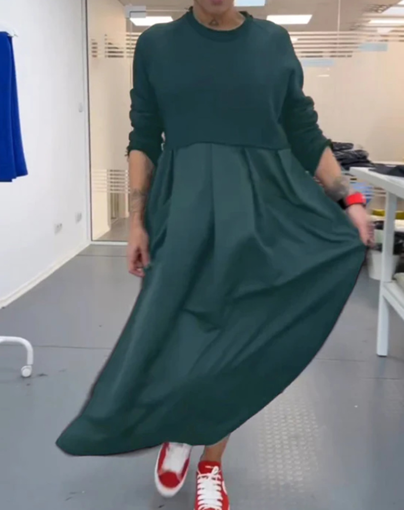 Women's Solid Crewneck Long Sleeve Maxi Dress