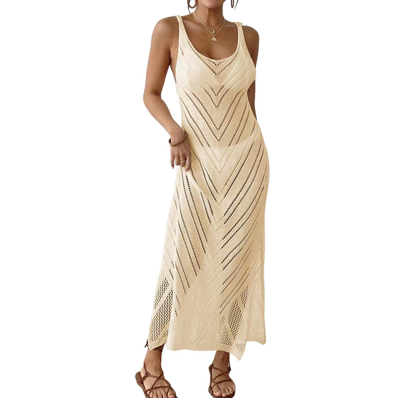 Women's Open-Knit Sleeveless Beach Dress with Slit Bikini Cover-Up