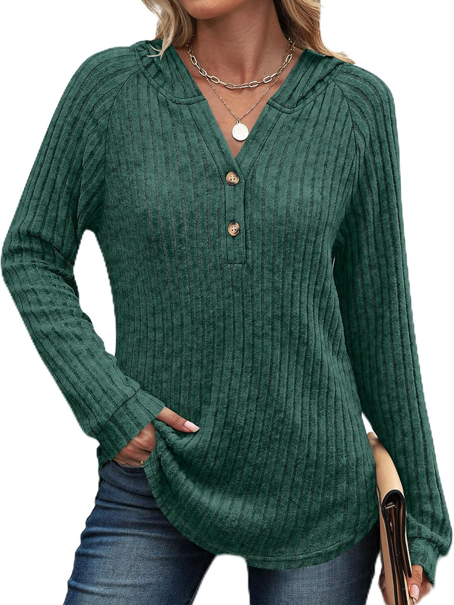 Solid V-Neck Button Loose Hooded Fleece Knit Top