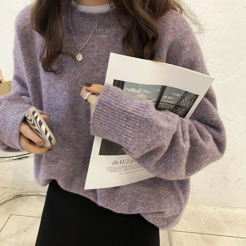 Women's Crewneck Sweater Loose Retro Solid Color Pullover Soft Thick Knit