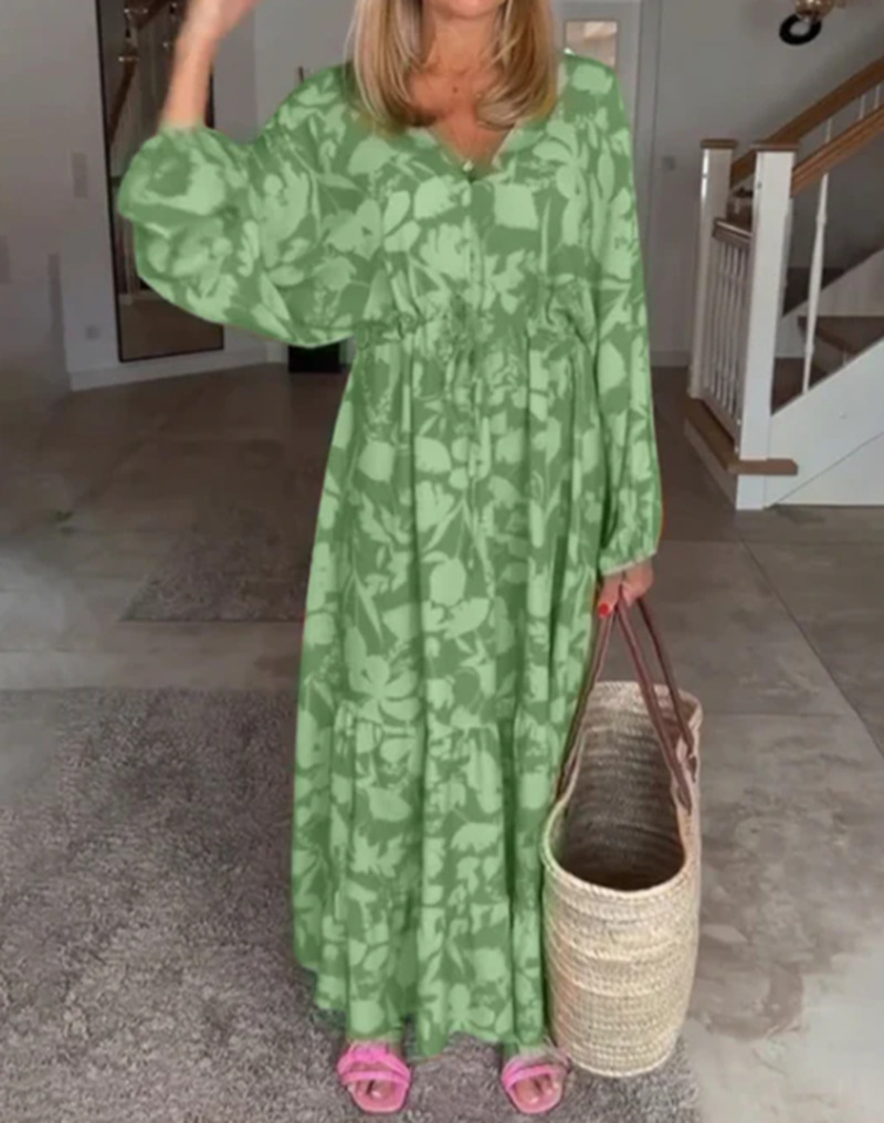 Women's Printed V-Neck Long Sleeve Loose Casual Dress