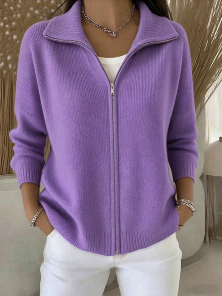 Women's Zip-Up Knit Cardigan Sweater with Collar, Solid Color Casual