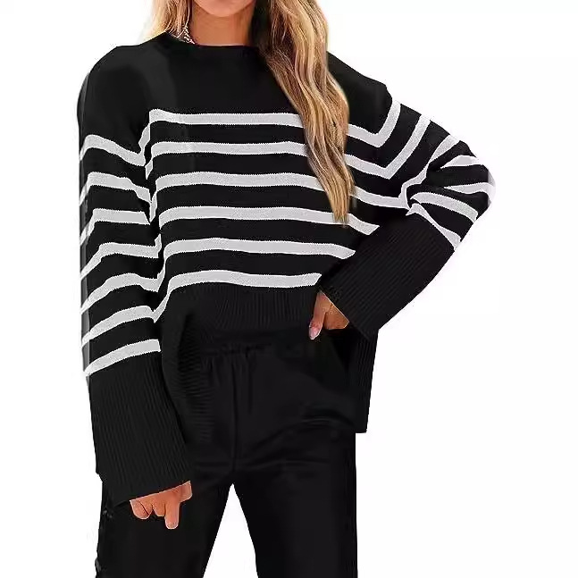 Striped Loose Puff Sleeve Knit Sweater