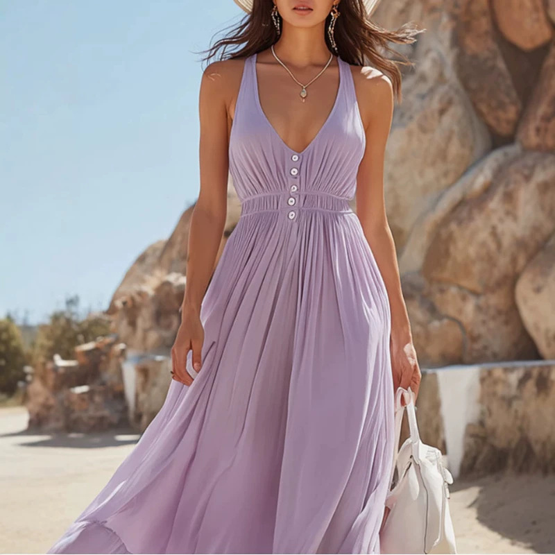 Light Purple Chiffon Sleeveless Pleated Maxi Dress