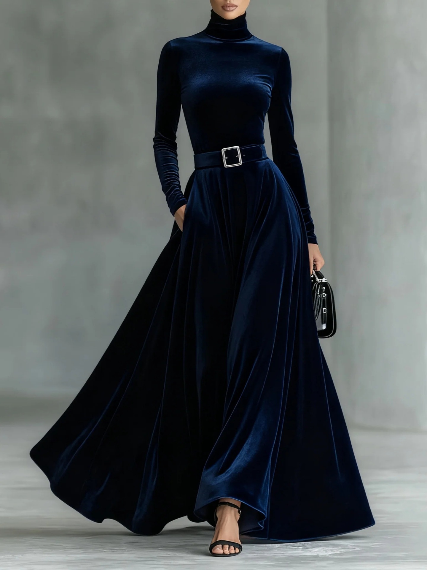 High Neck Velvet Bodycon Midi Dress Long Sleeve Party Cocktail
