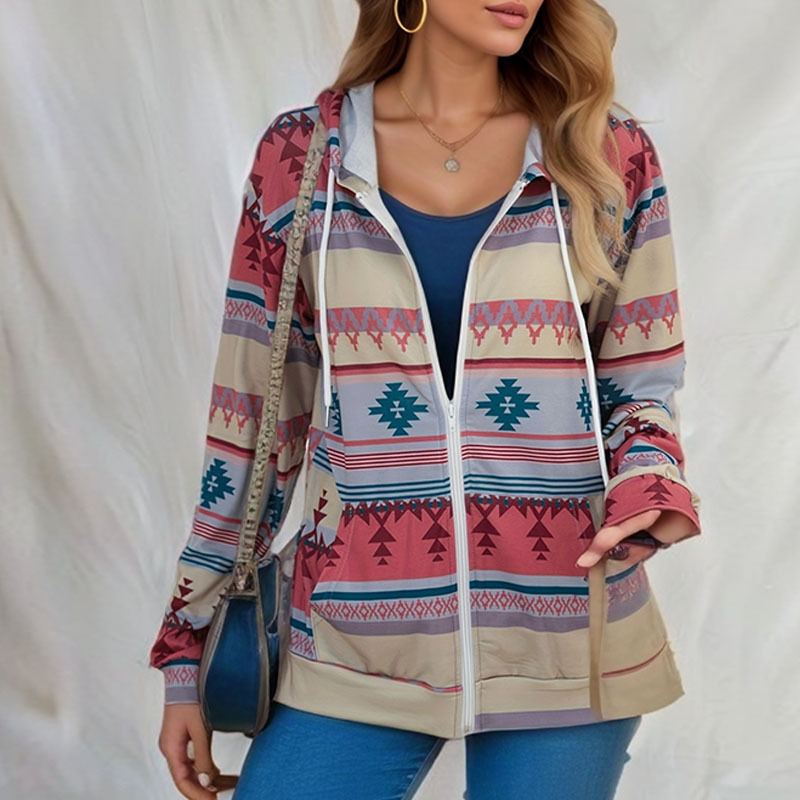 Colorblock Print Hooded Zip Jacket Loose Fit Long Sleeve