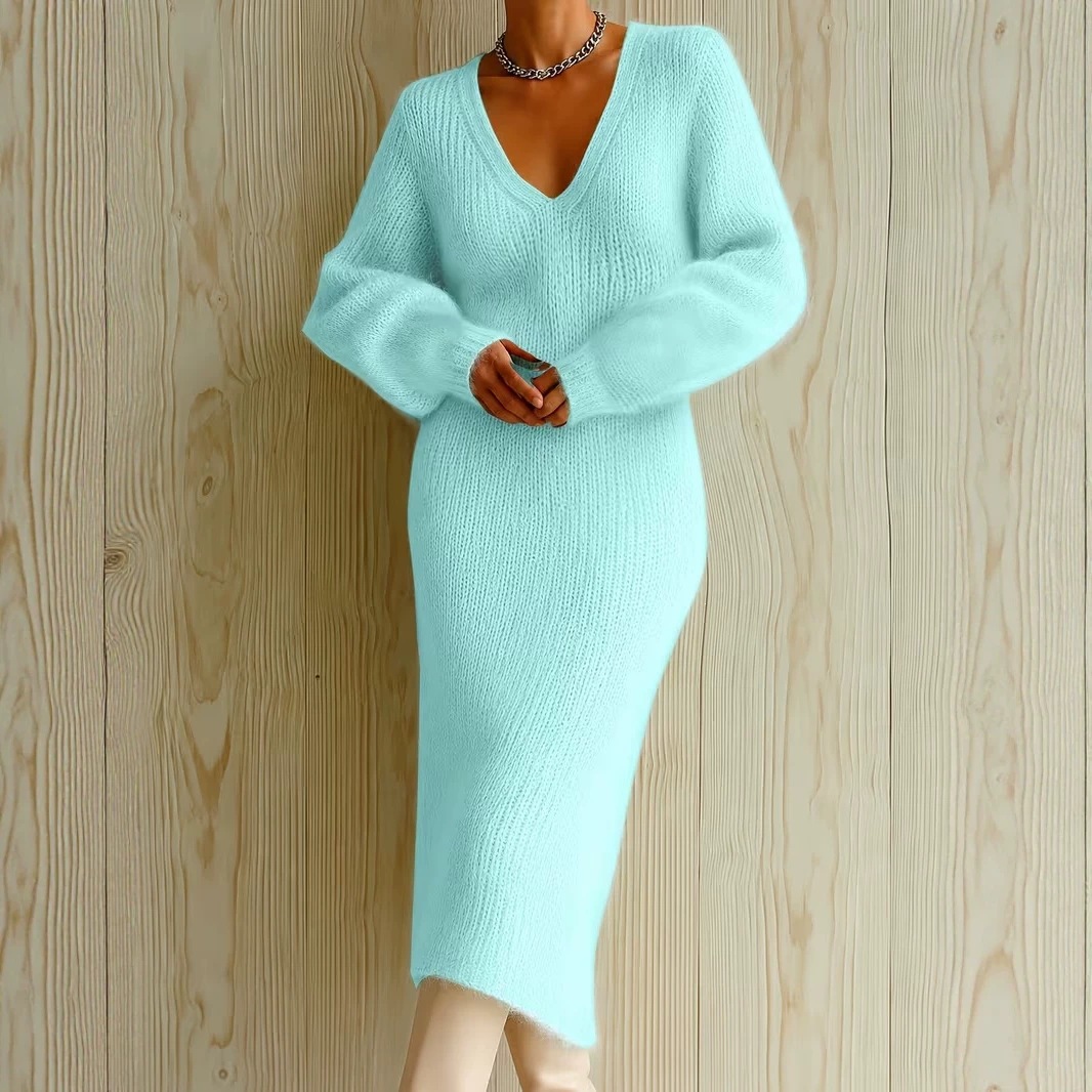 Women's Fuzzy V-Neck Bubble Sleeve Long Dress