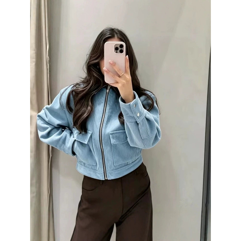 Corduroy Paneled Faux Leather Collar Jacket Women's Casual