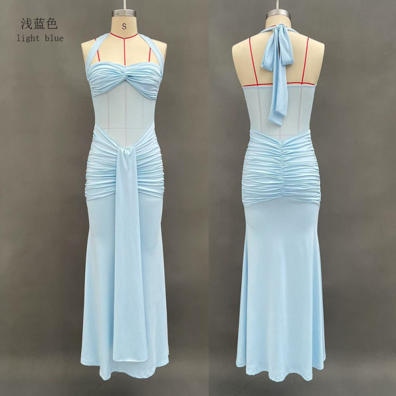 Women's Elegant Open Back Ruched Bodycon Long Dress