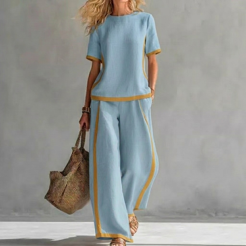Women's Color-Block Short Sleeve Tee & Wide-Leg Pants Two-Piece Set