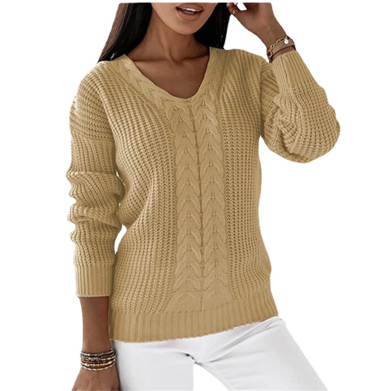 Women's V-Neck Cable Knit Pullover Sweater Long Sleeve Solid Color