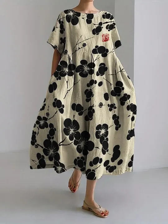 Women's Loose Round Neck Floral Print Midi Dress