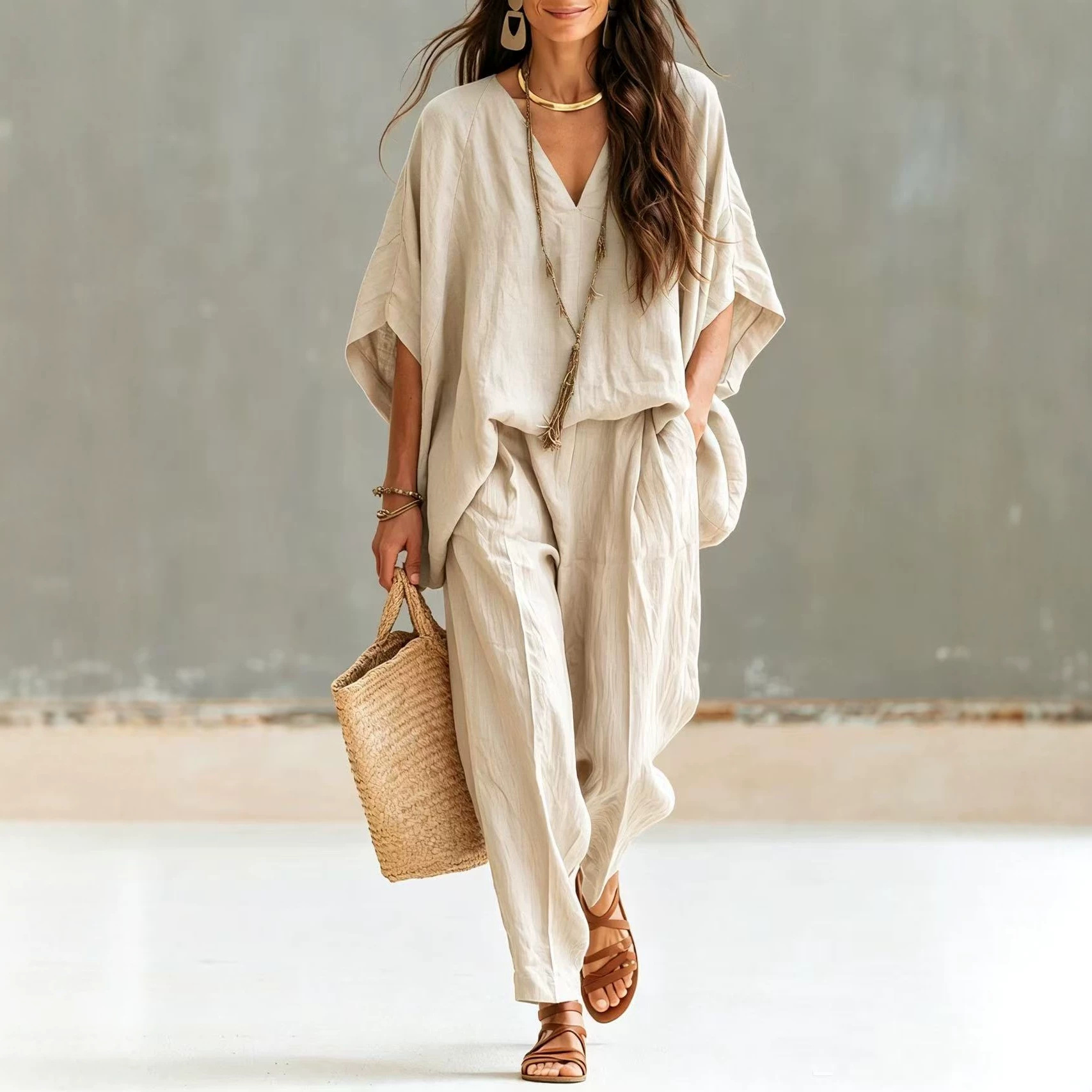 Solid V-Neck Drop Shoulder Loose Wide-Leg Pants Casual Set