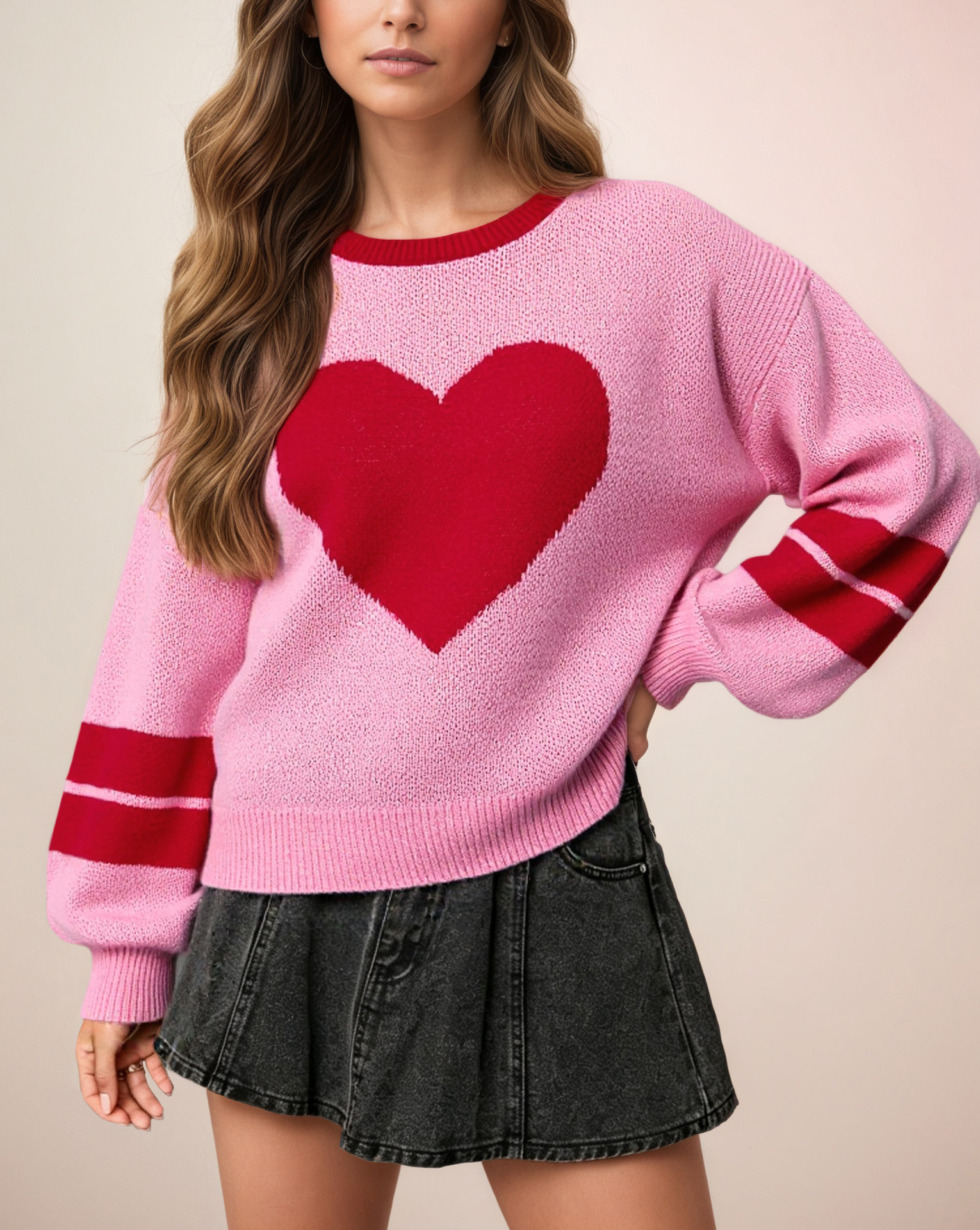 Women's Heart Pullover Sweater Crew Neck Long Sleeve Loose Fit