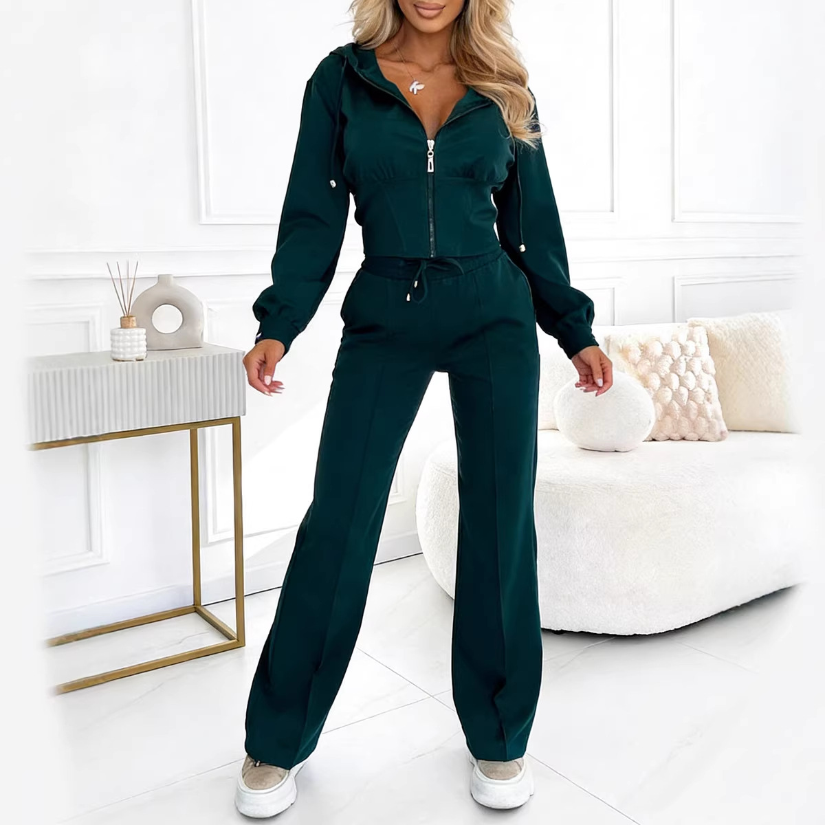 Women's Hooded Zip Sweatshirt & Wide-Leg Pants Two-Piece Set