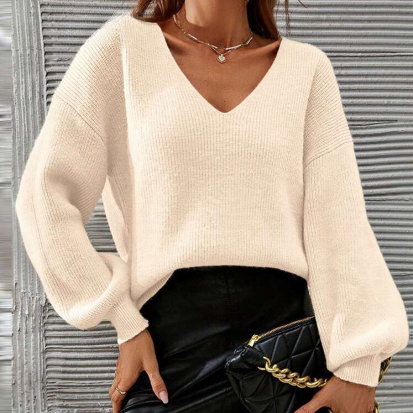 V-Neck Long-Sleeve Loose Knit Sweater Solid Color Pullover