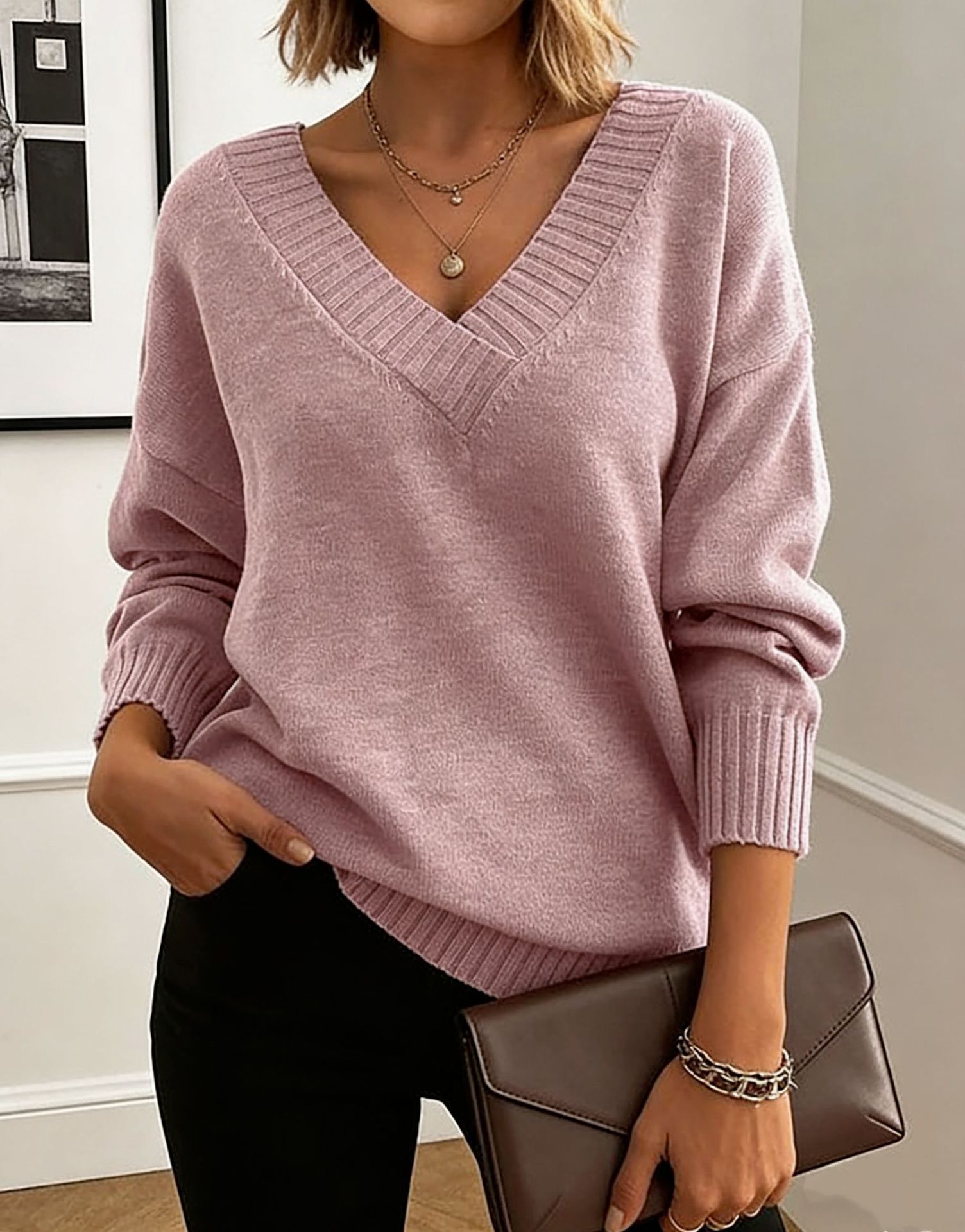 Women's Loose V-Neck Pullover Sweater Solid Color Knit Top