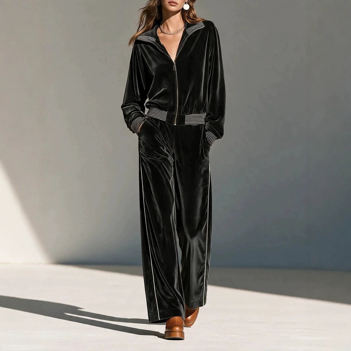 Black Velvet Striped Two-Piece Set with Collared Zip Jacket and High-Waist Wide-Leg Pants