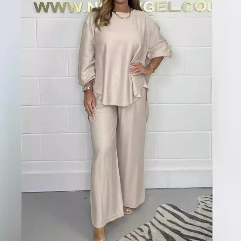 Acetate Satin Wide-Leg Pants Set with Lantern Sleeve Top