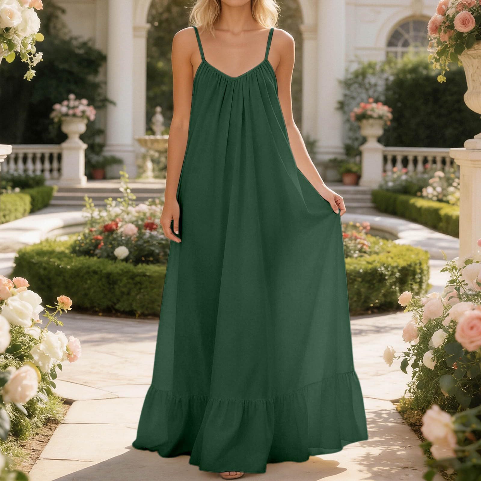 Women's Sleeveless Spaghetti Strap Solid Color Long Dress