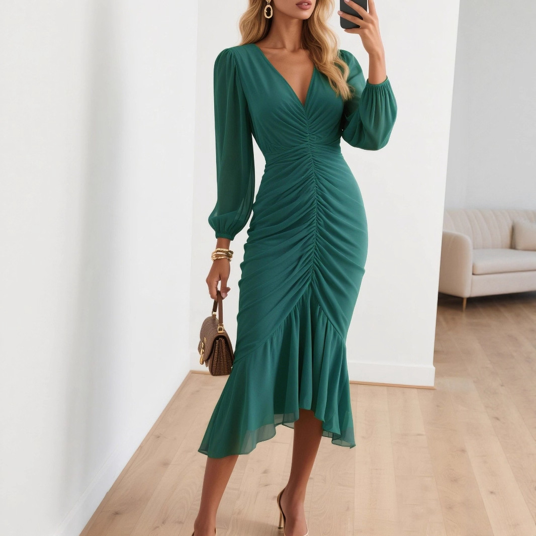 Women's V-Neck Long Sleeve Bodycon Midi Dress